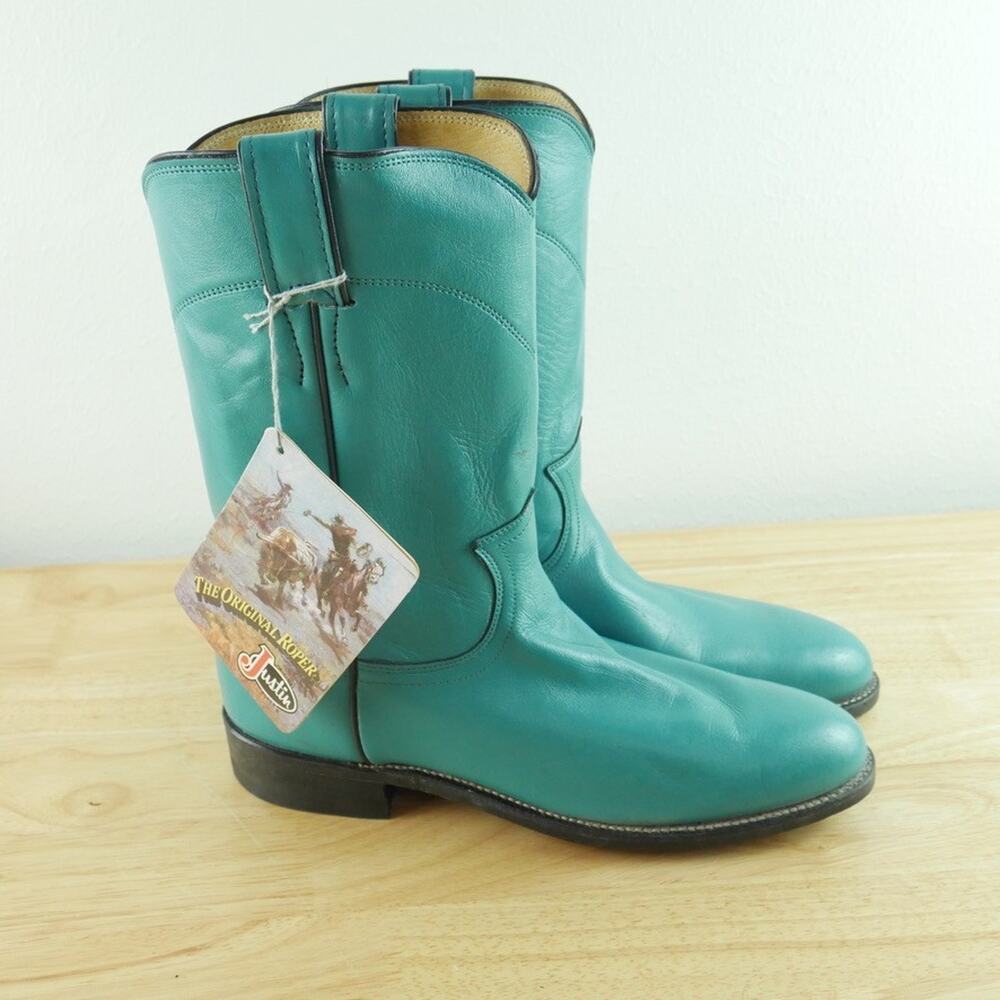Vintage Teal Justin Roper Women’s Cowgirl Boots Size 7B 90s‎ Deadstock Western U